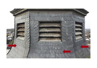 Mängelfeststellung am Turm der Pfarrkirche St. Margareta Kahl